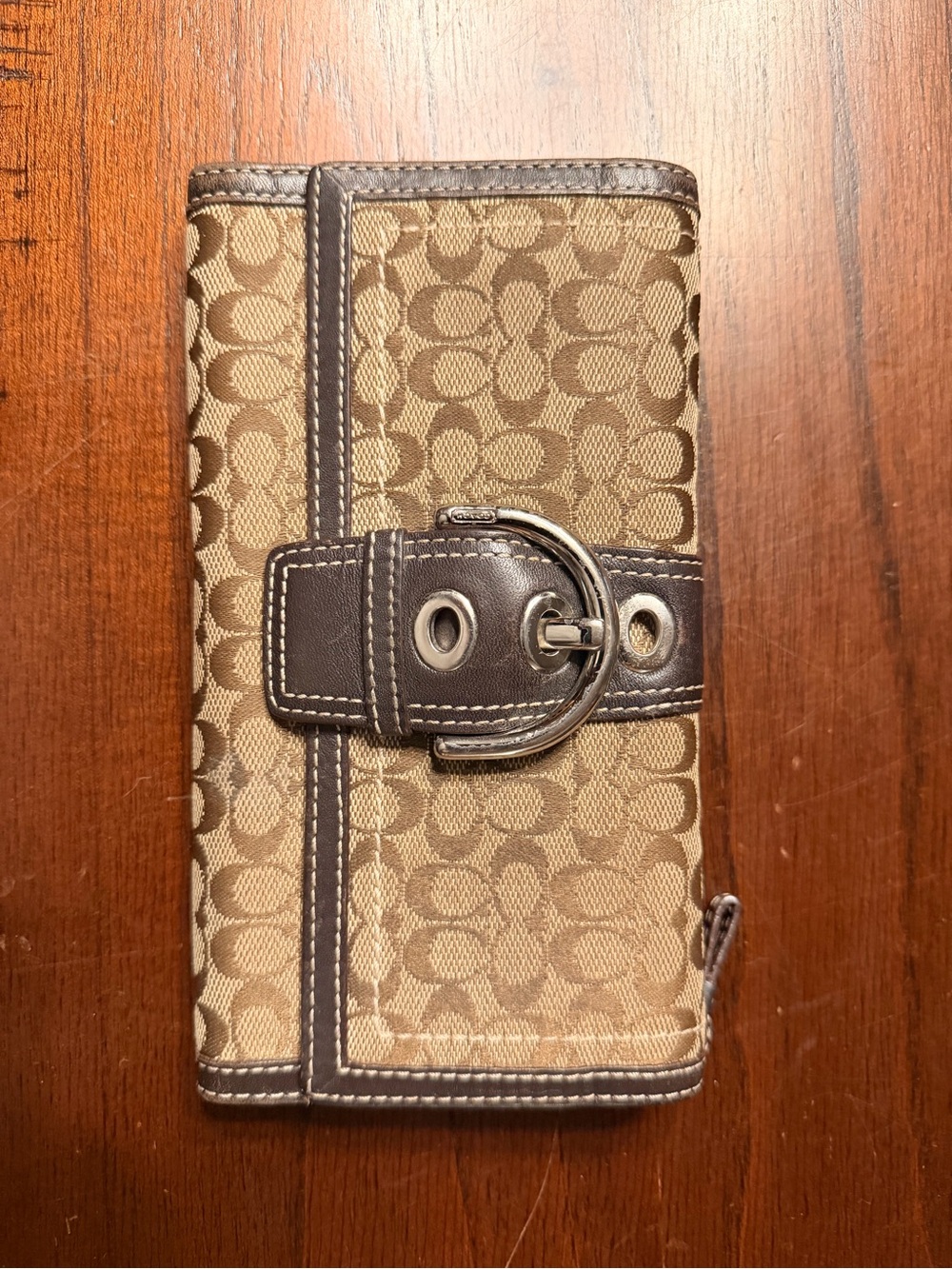 Coach Signature Canvas Buckle Wallet in Tan with Chocolate Leather Trim